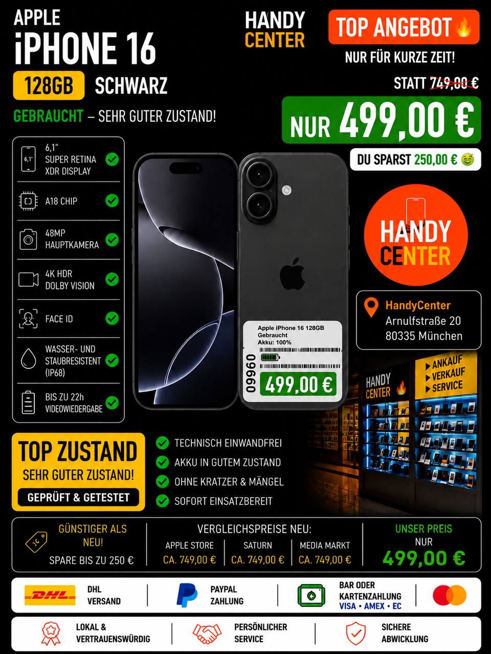 Apple iPhone 16 128GB Schwarz Hauptbild