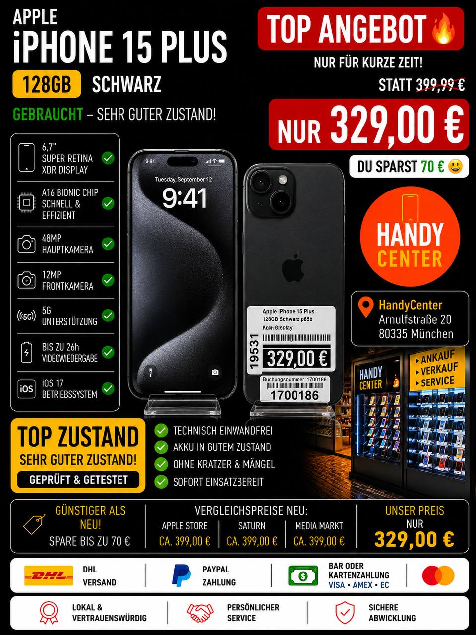 Apple iPhone 15 Plus 128GB Schwarz Hauptbild