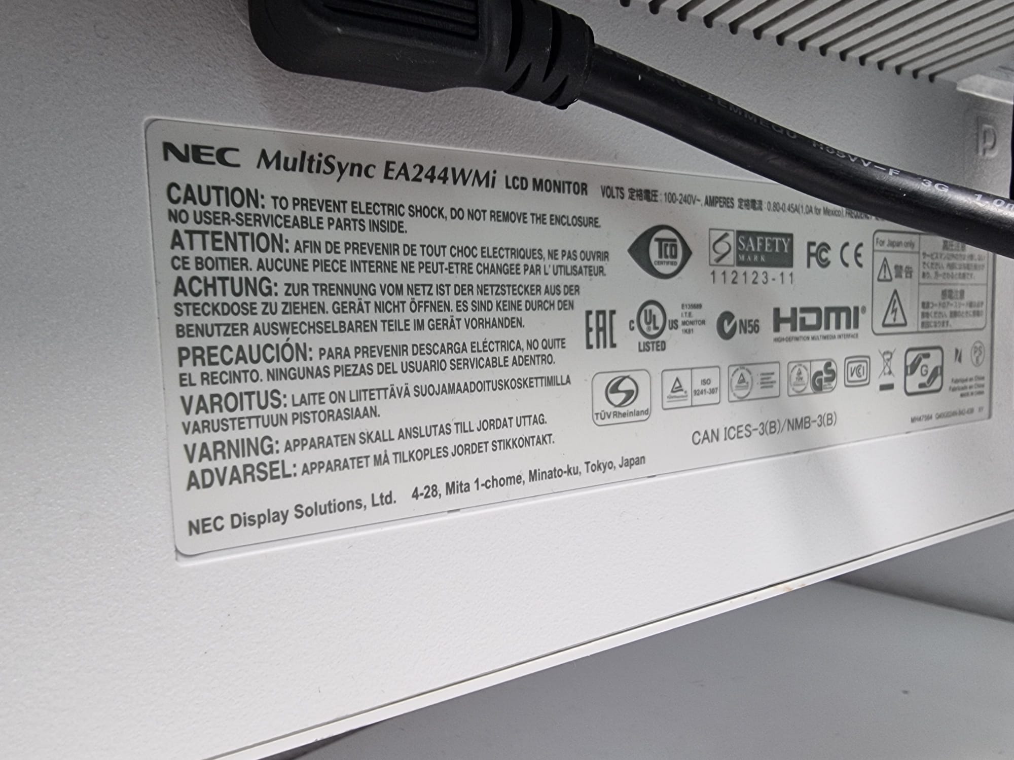 NEC MultiSync EA244WMi 61 cm (24,1 Zoll) LED LCD Monitor 1920x1200 weiß HDMI DisplayPort DVI VGA USB Lautsprecher
